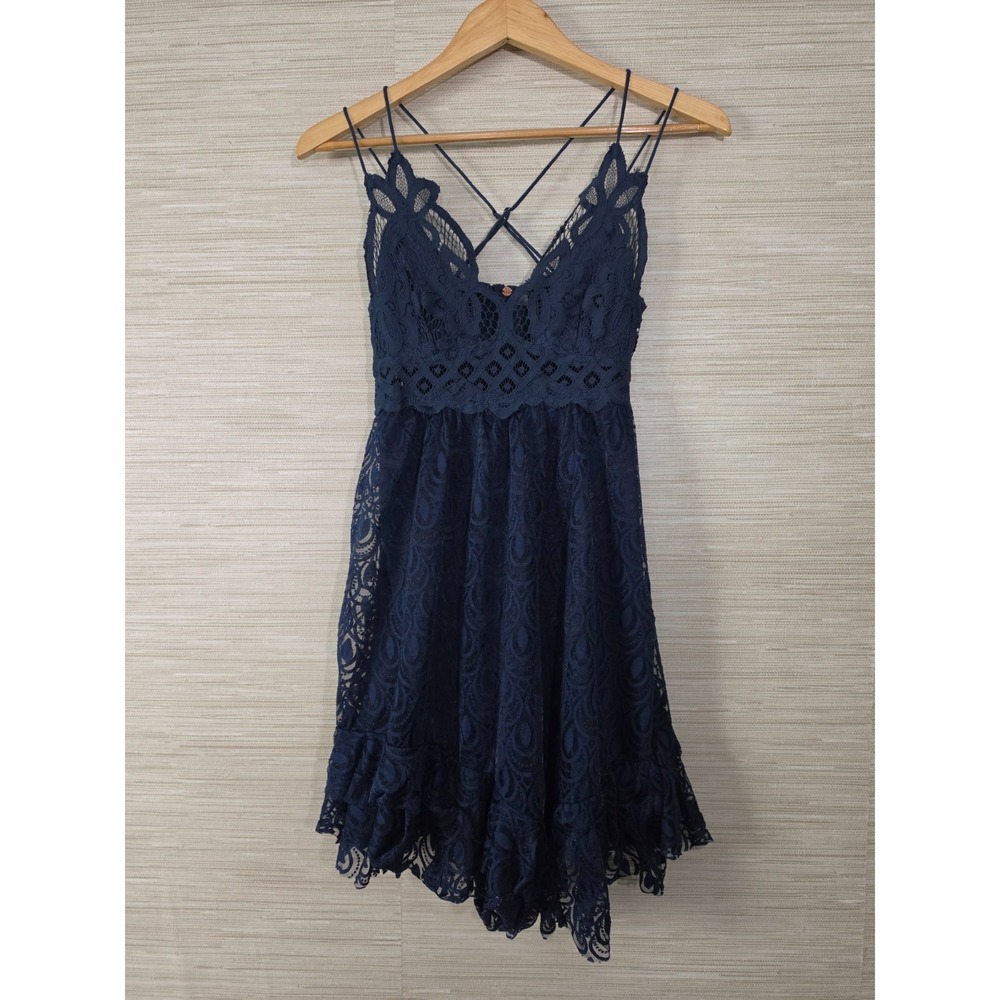 FP One Free People Mini Dress Womens S Navy Lace Overlay Boho Criss Cross Back